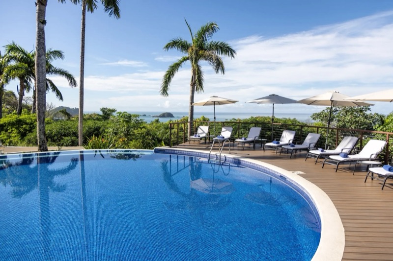 Pool deck at Parador with views over the Pacific near Manuel Antonio